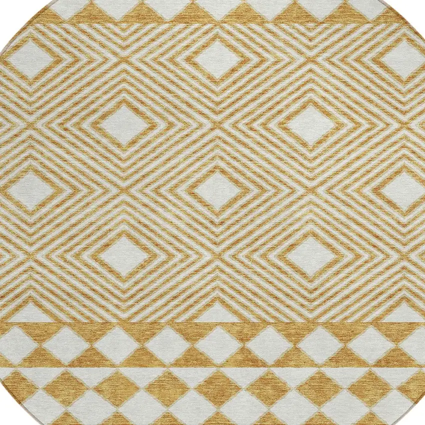 8' Gold And Ivory Round Geometric Washable Indoor Outdoor Area Rug Photo 4
