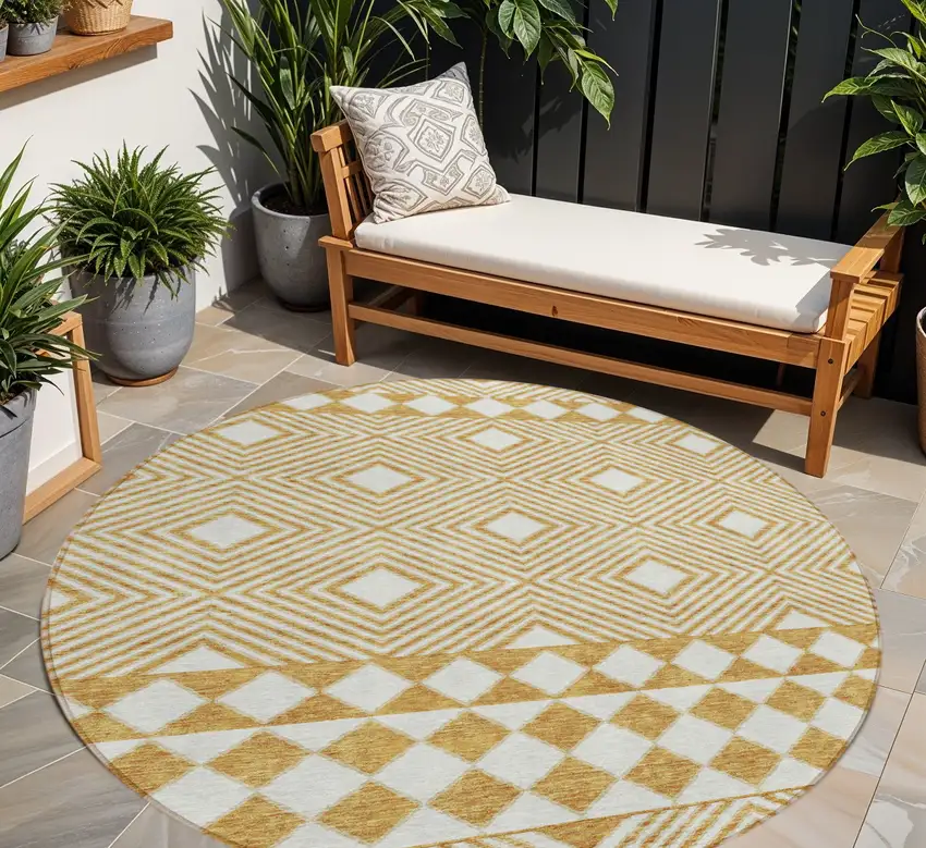 8' Gold And Ivory Round Geometric Washable Indoor Outdoor Area Rug Photo 1