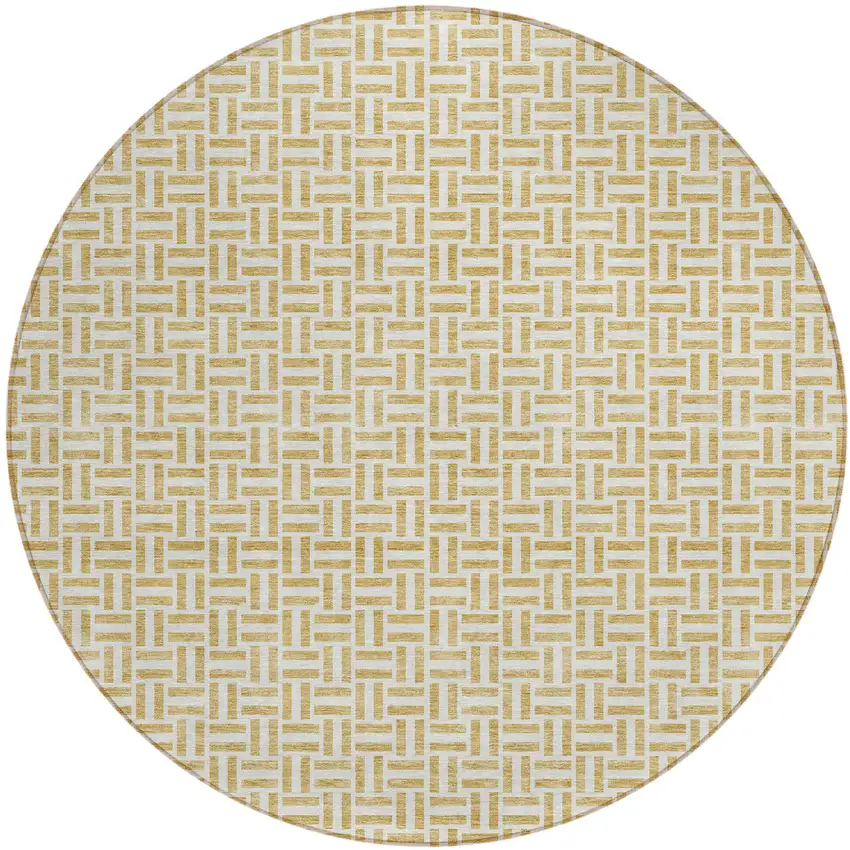 8' Gold And Ivory Round Geometric Washable Indoor Outdoor Area Rug Photo 2