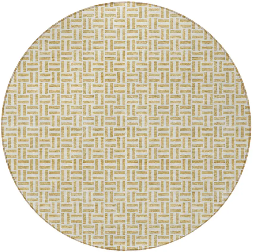 8' Gold And Ivory Round Geometric Washable Indoor Outdoor Area Rug Photo 6