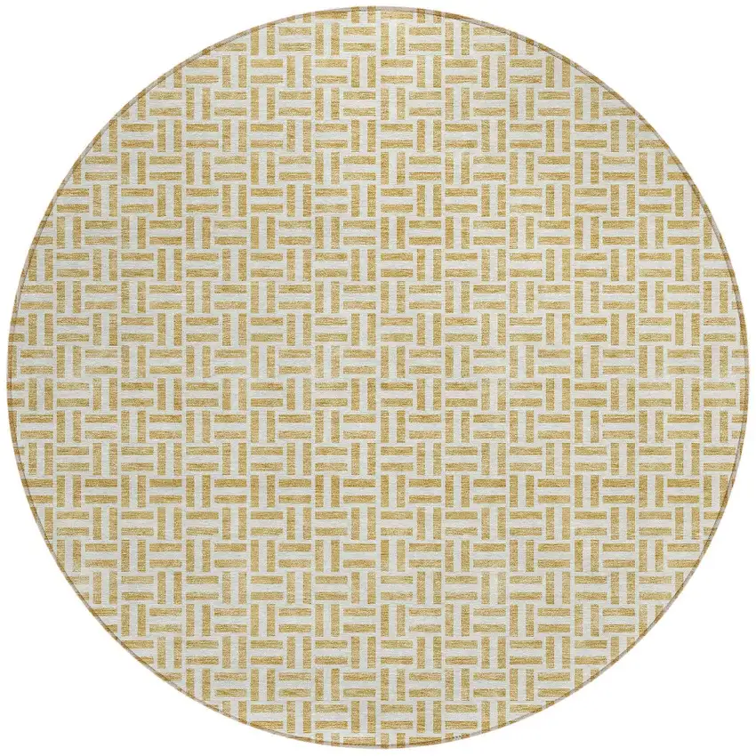 8' Gold And Ivory Round Geometric Washable Indoor Outdoor Area Rug Photo 5