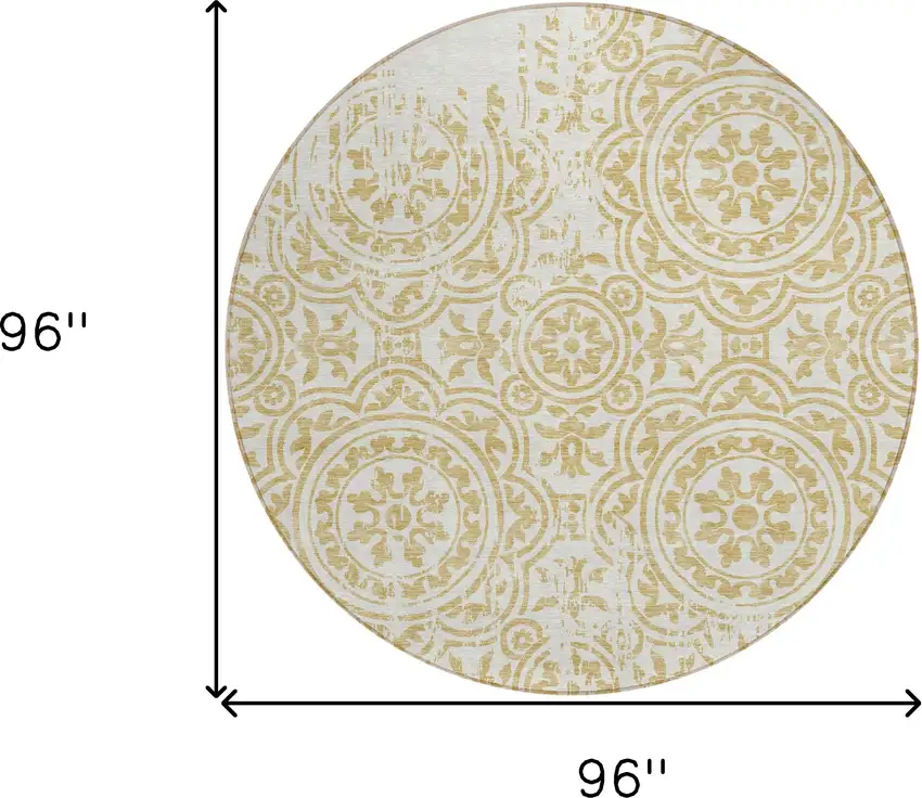 8' Gold And Ivory Round Medallion Washable Indoor Outdoor Area Rug Photo 9