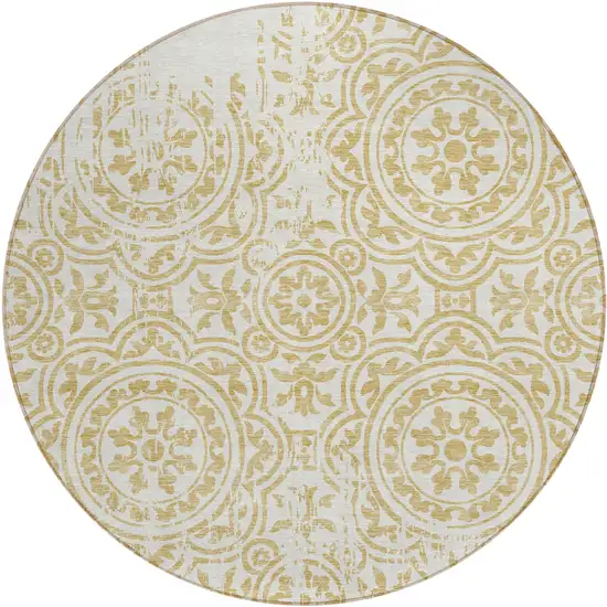 8' Gold And Ivory Round Medallion Washable Indoor Outdoor Area Rug Photo 1
