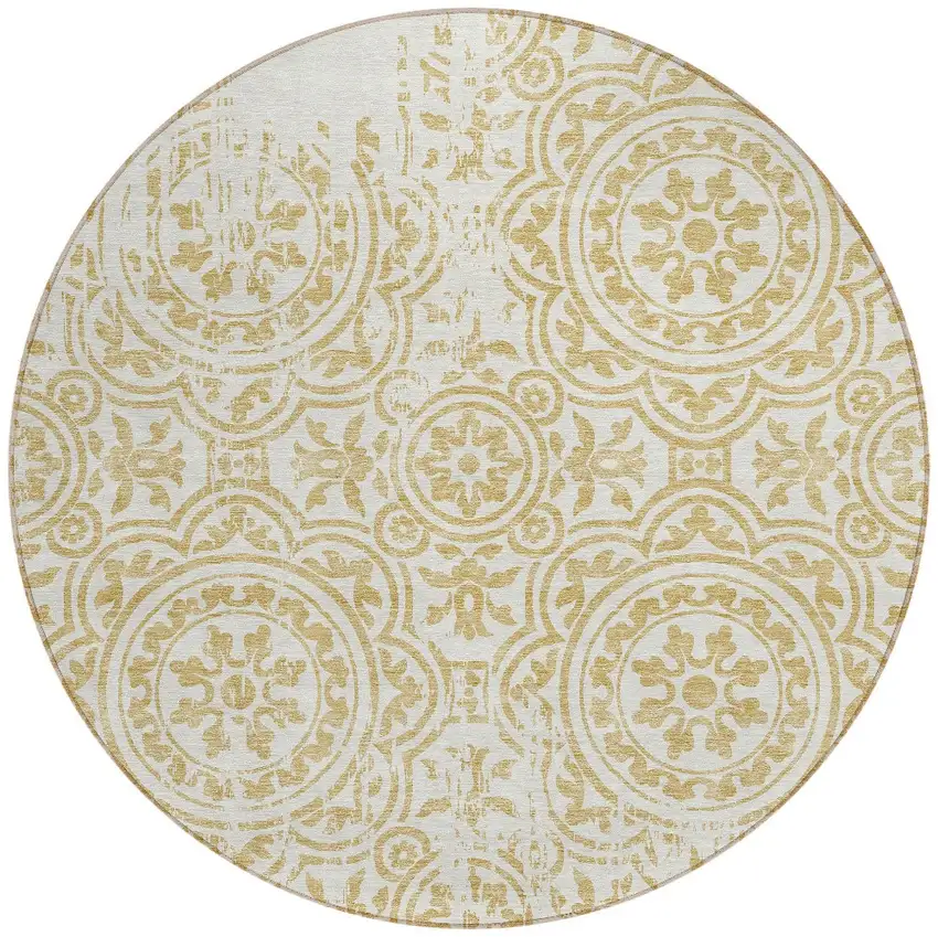 8' Gold And Ivory Round Medallion Washable Indoor Outdoor Area Rug Photo 4