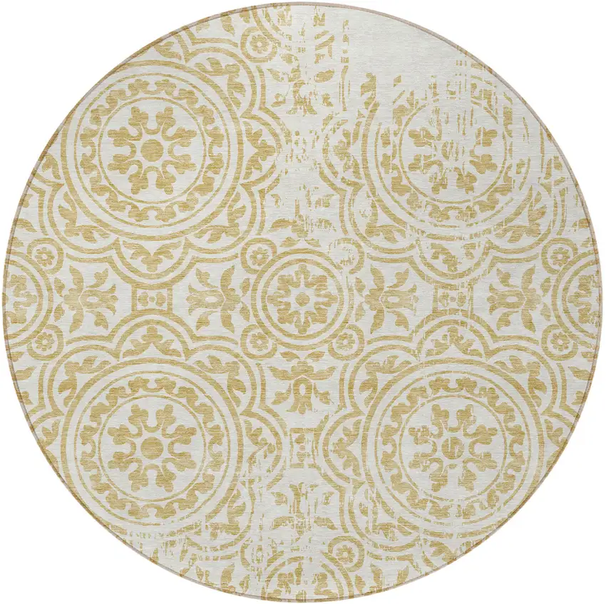 8' Gold And Ivory Round Medallion Washable Indoor Outdoor Area Rug Photo 6
