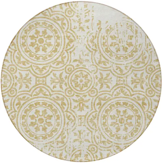8' Gold And Ivory Round Medallion Washable Indoor Outdoor Area Rug Photo 6
