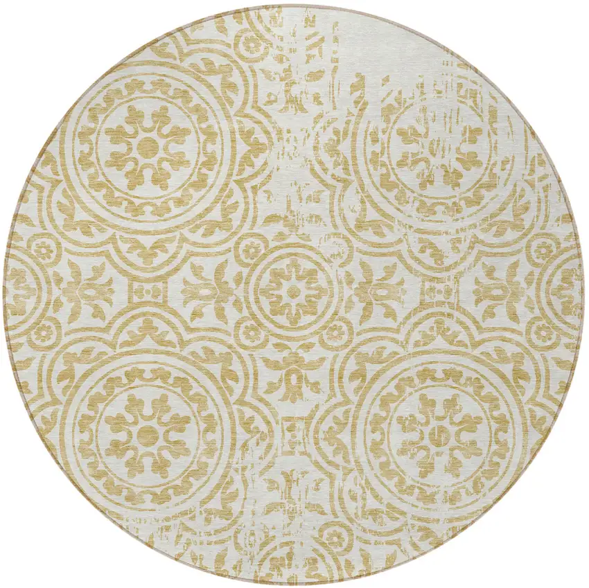 8' Gold And Ivory Round Medallion Washable Indoor Outdoor Area Rug Photo 6