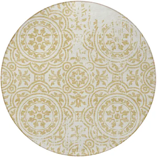 8' Gold And Ivory Round Medallion Washable Indoor Outdoor Area Rug Photo 6