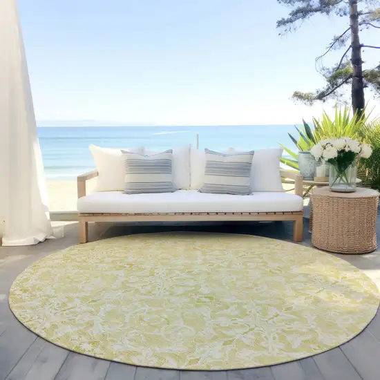 8' Gold And Ivory Round Medallion Washable Indoor Outdoor Area Rug Photo 6