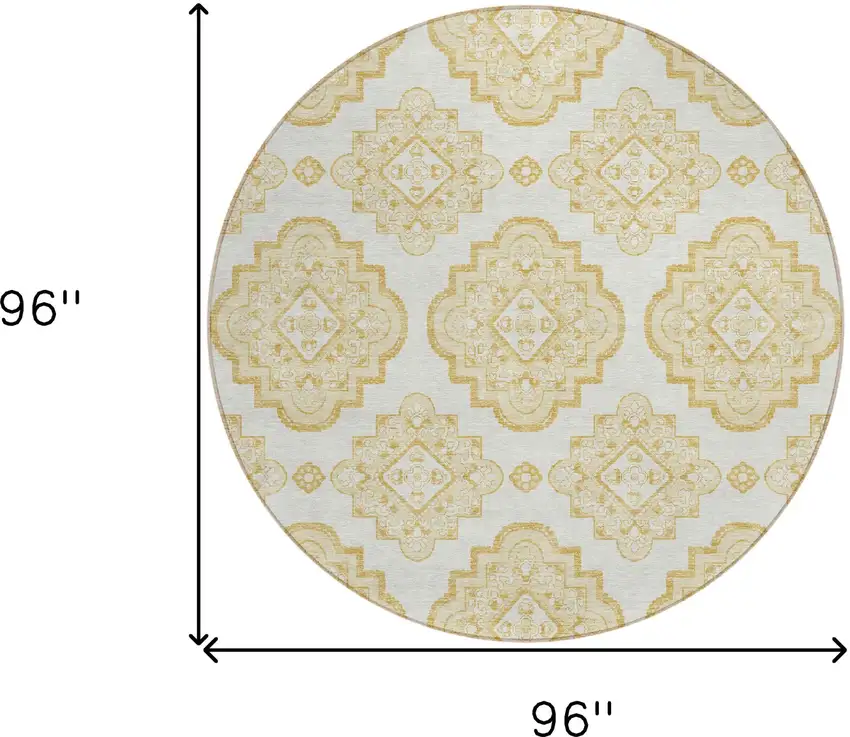 8' Gold And Ivory Round Medallion Washable Indoor Outdoor Area Rug Photo 3