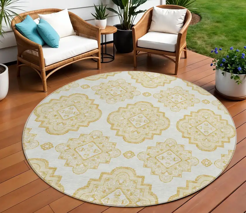 8' Gold And Ivory Round Medallion Washable Indoor Outdoor Area Rug Photo 1