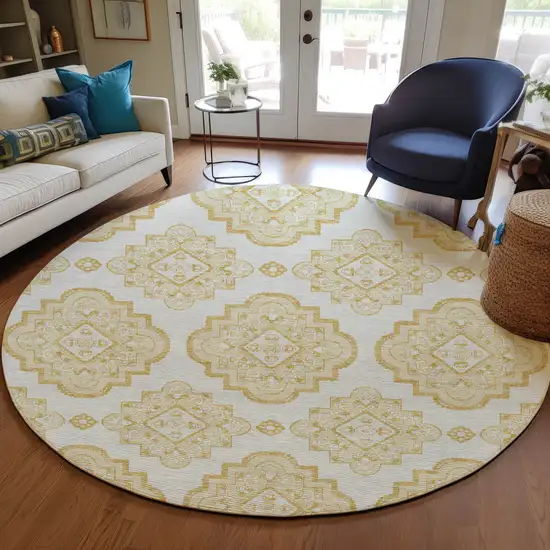 8' Gold And Ivory Round Medallion Washable Indoor Outdoor Area Rug Photo 8