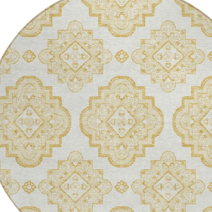 8' Gold And Ivory Round Medallion Washable Indoor Outdoor Area Rug Photo 4
