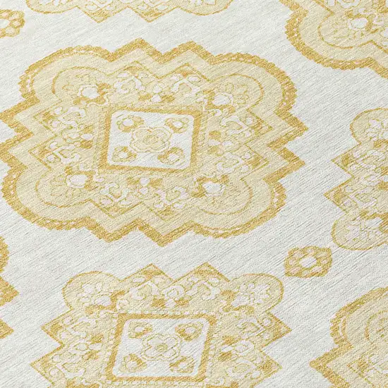 8' Gold And Ivory Round Medallion Washable Indoor Outdoor Area Rug Photo 5
