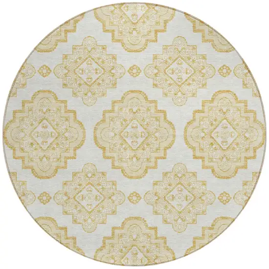 8' Gold And Ivory Round Medallion Washable Indoor Outdoor Area Rug Photo 6