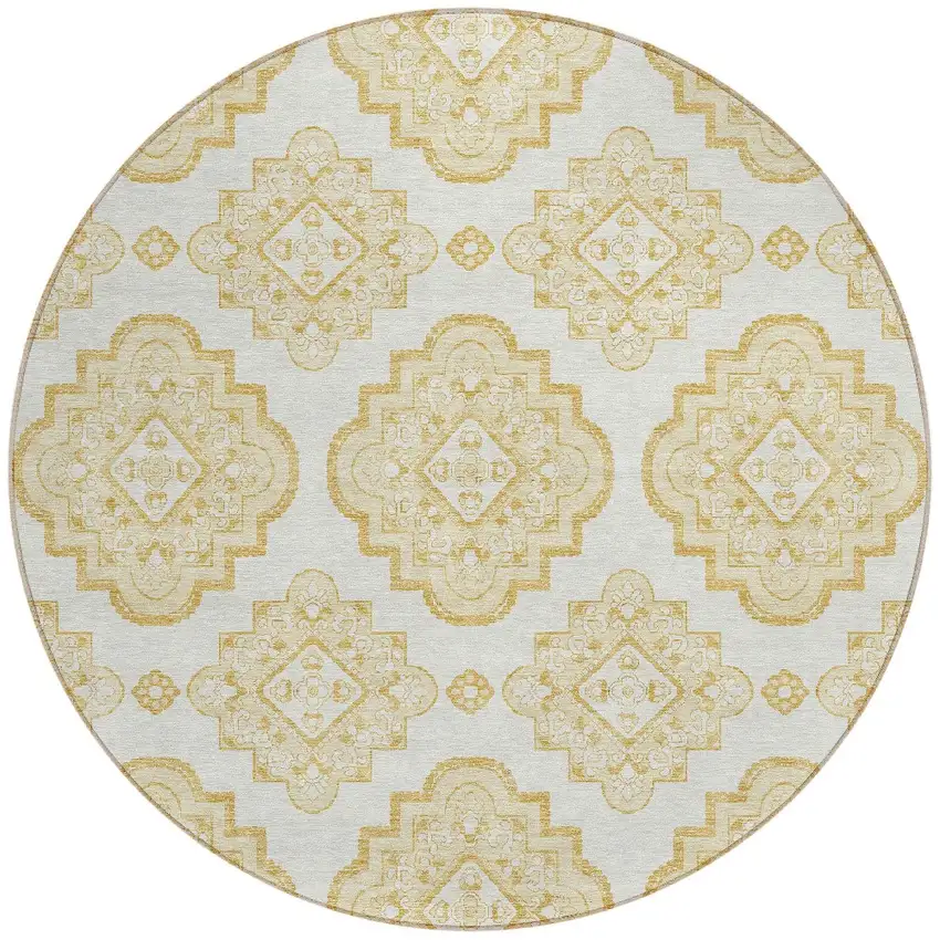 8' Gold And Ivory Round Medallion Washable Indoor Outdoor Area Rug Photo 6