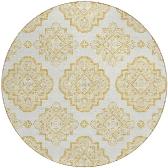 8' Gold And Ivory Round Medallion Washable Indoor Outdoor Area Rug Photo 2