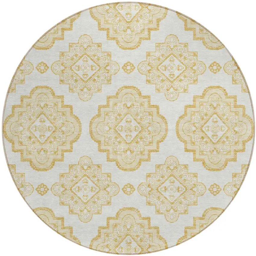 8' Gold And Ivory Round Medallion Washable Indoor Outdoor Area Rug Photo 2