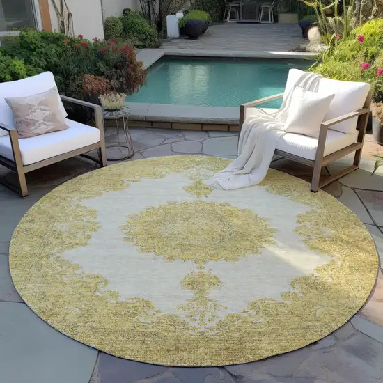 8' Gold And Ivory Round Oriental Washable Indoor Outdoor Area Rug Photo 7