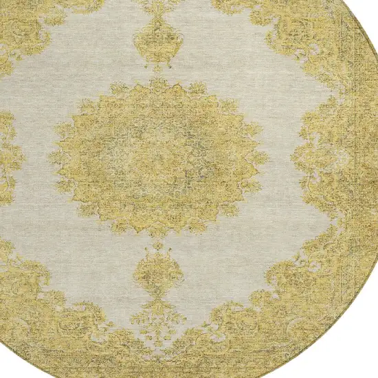 8' Gold And Ivory Round Oriental Washable Indoor Outdoor Area Rug Photo 5