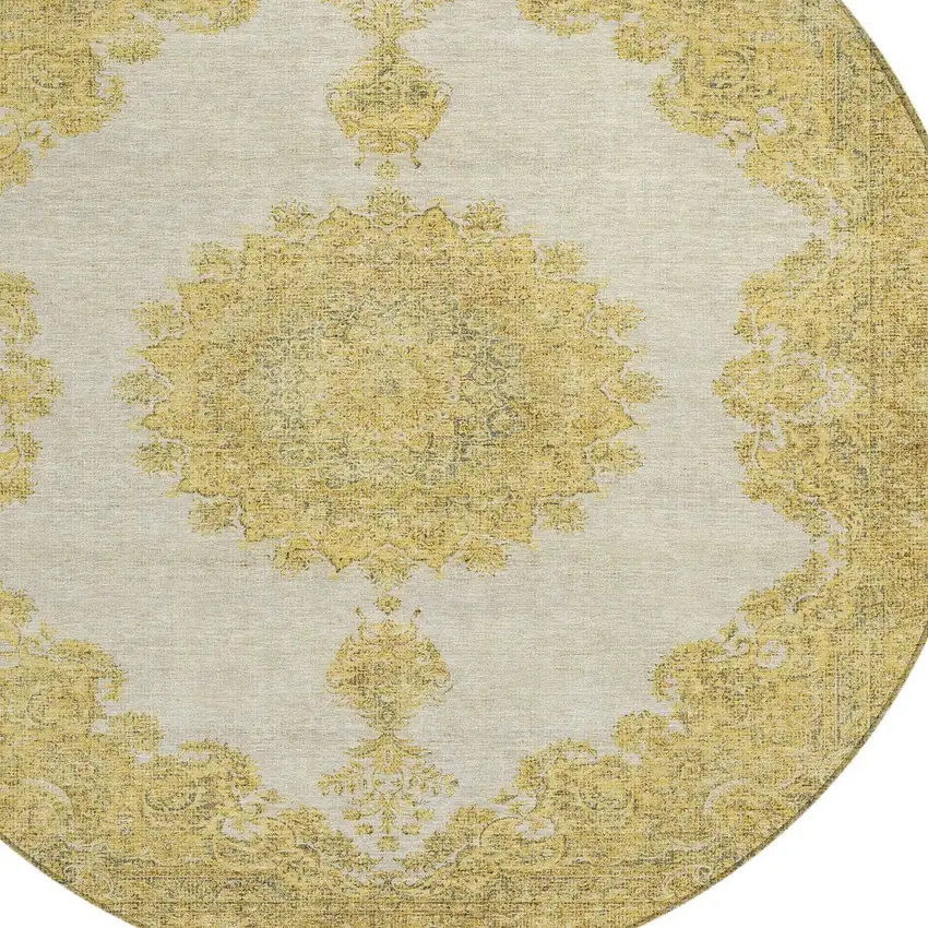 8' Gold And Ivory Round Oriental Washable Indoor Outdoor Area Rug Photo 5