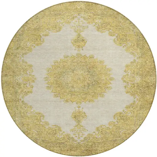8' Gold And Ivory Round Oriental Washable Indoor Outdoor Area Rug Photo 2