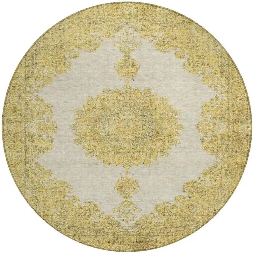 8' Gold And Ivory Round Oriental Washable Indoor Outdoor Area Rug Photo 2