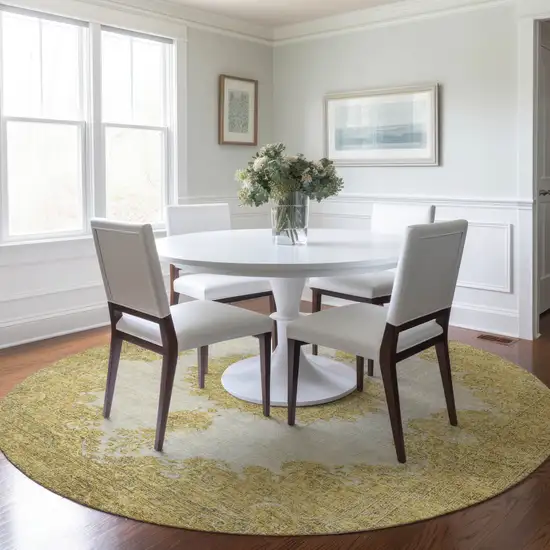 8' Gold And Ivory Round Oriental Washable Indoor Outdoor Area Rug Photo 8