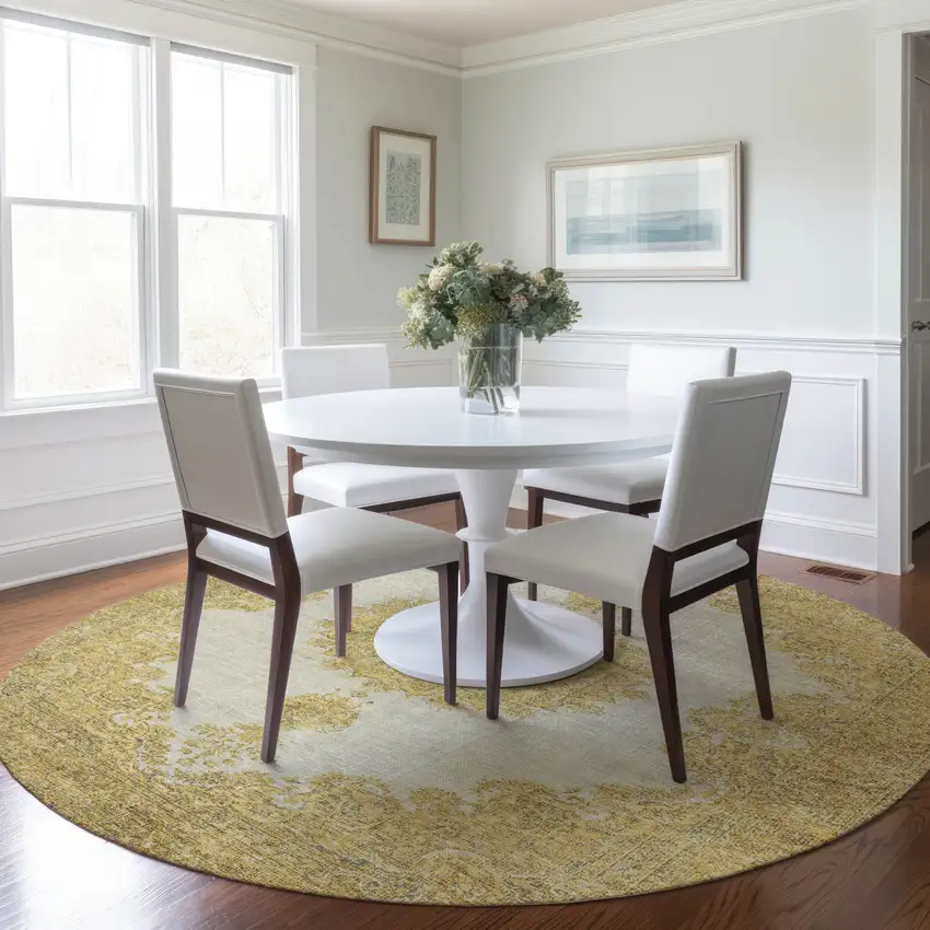 8' Gold And Ivory Round Oriental Washable Indoor Outdoor Area Rug Photo 8