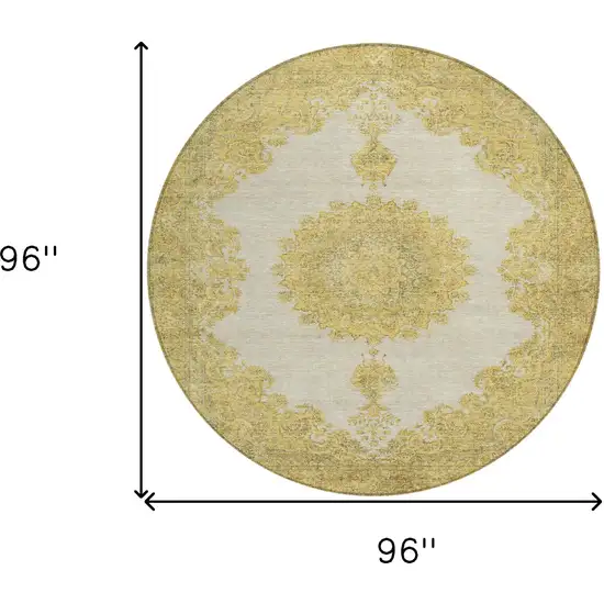 8' Gold And Ivory Round Oriental Washable Indoor Outdoor Area Rug Photo 3