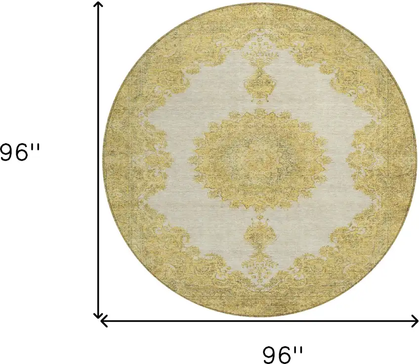 8' Gold And Ivory Round Oriental Washable Indoor Outdoor Area Rug Photo 3