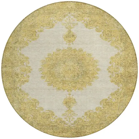 8' Gold And Ivory Round Oriental Washable Indoor Outdoor Area Rug Photo 6