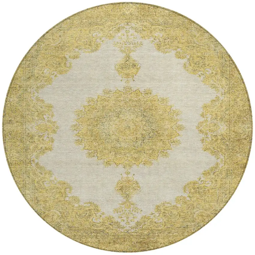 8' Gold And Ivory Round Oriental Washable Indoor Outdoor Area Rug Photo 6