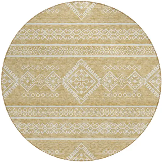 8' Gold And Ivory Round Southwestern Washable Indoor Outdoor Area Rug Photo 2