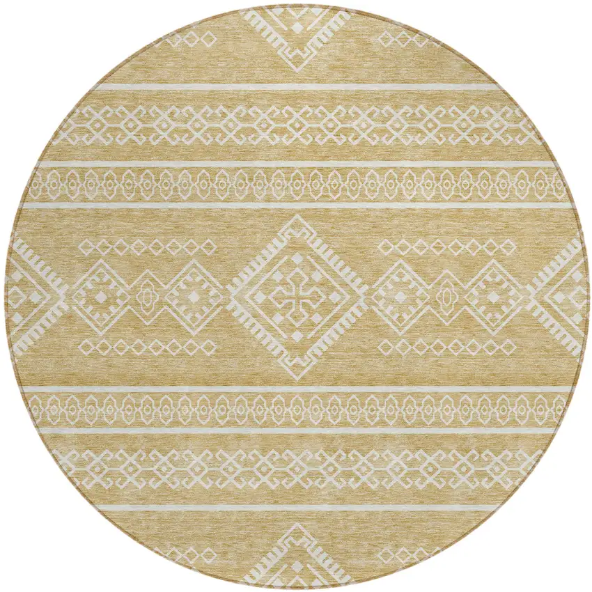 8' Gold And Ivory Round Southwestern Washable Indoor Outdoor Area Rug Photo 2
