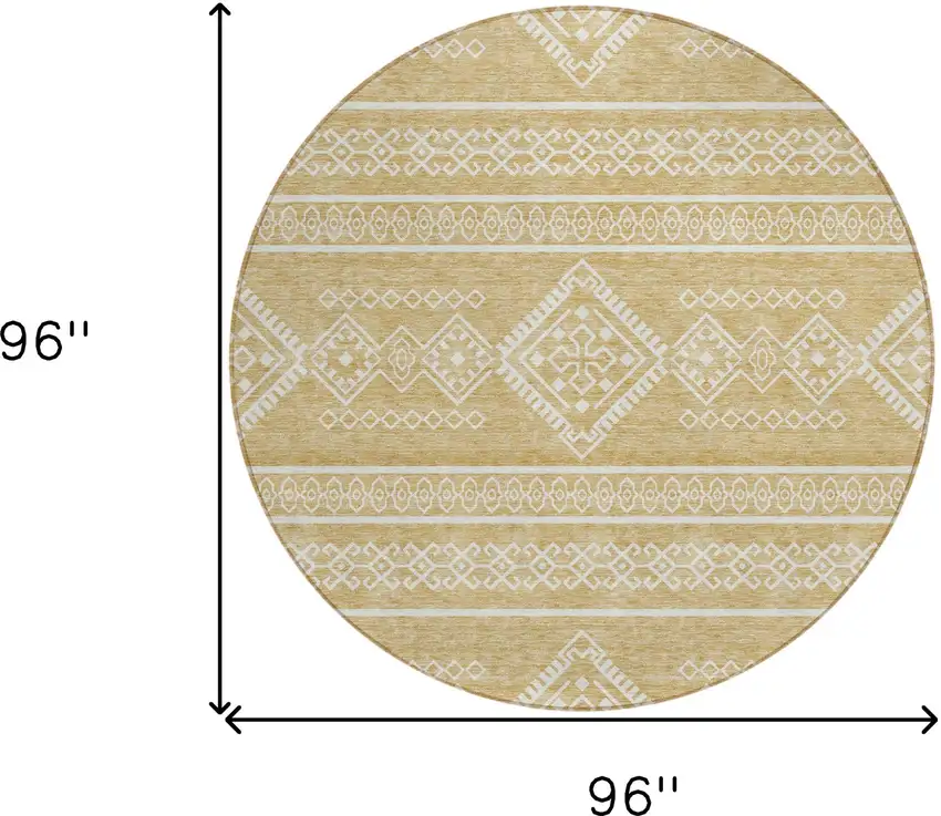 8' Gold And Ivory Round Southwestern Washable Indoor Outdoor Area Rug Photo 3