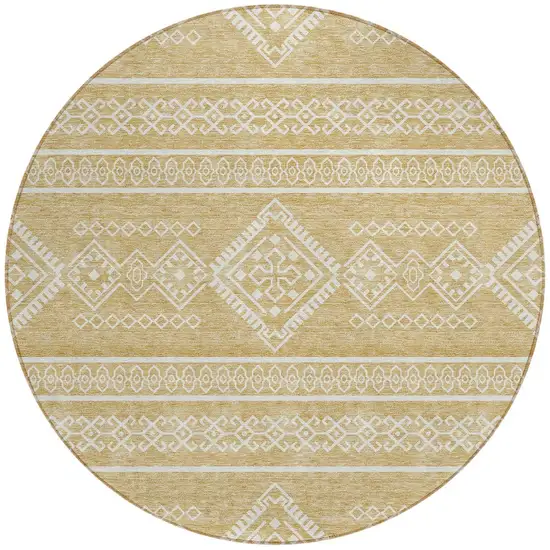 8' Gold And Ivory Round Southwestern Washable Indoor Outdoor Area Rug Photo 6