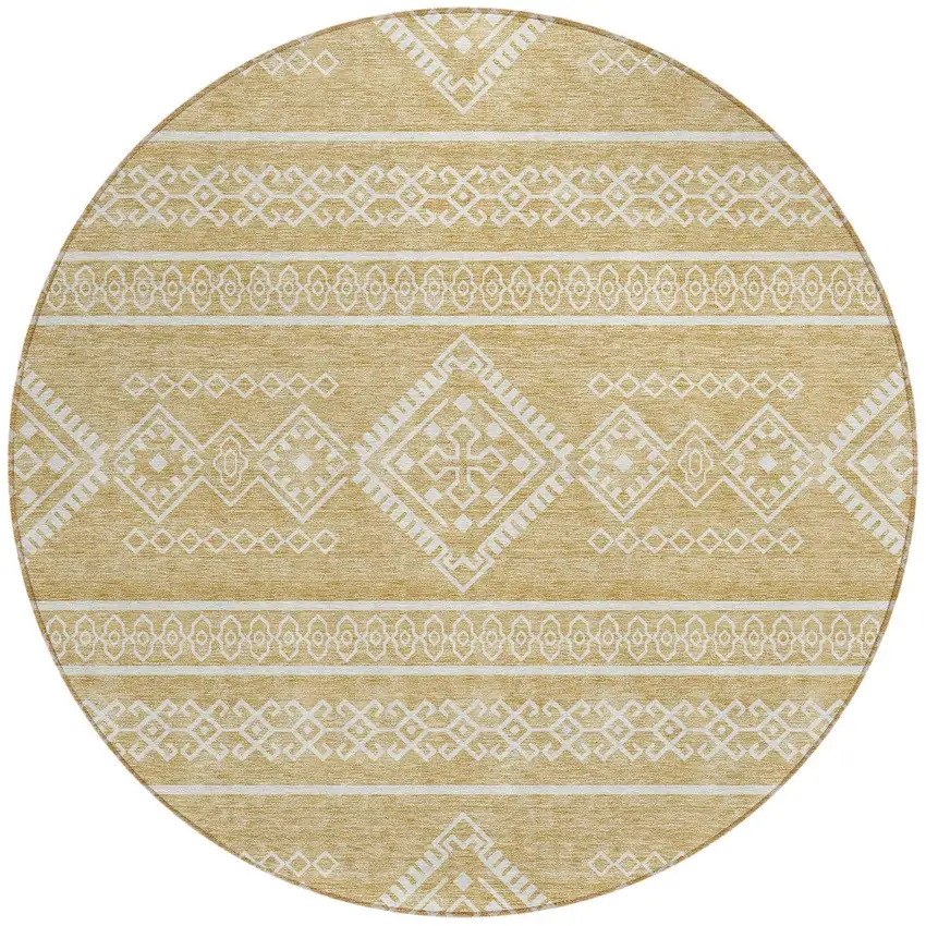 8' Gold And Ivory Round Southwestern Washable Indoor Outdoor Area Rug Photo 6