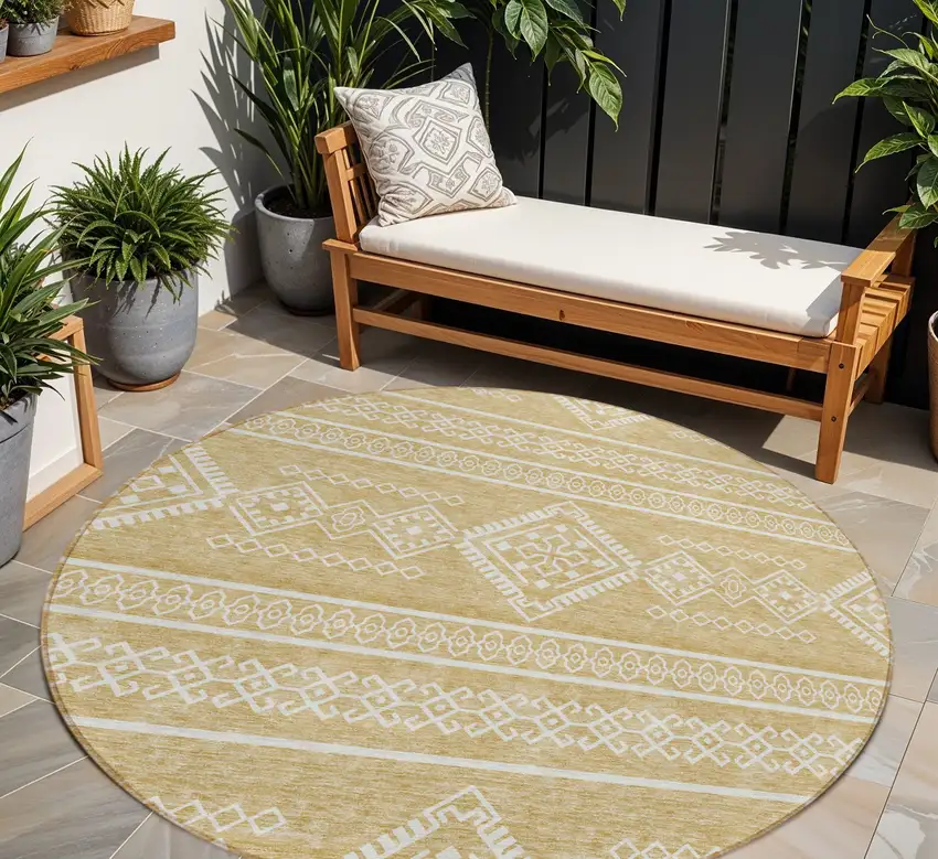8' Gold And Ivory Round Southwestern Washable Indoor Outdoor Area Rug Photo 1