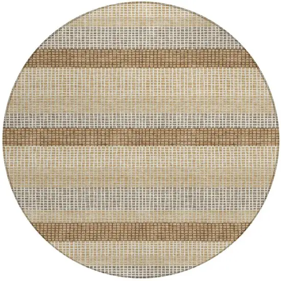 8' Gold And Ivory Round Striped Washable Indoor Outdoor Area Rug Photo 4
