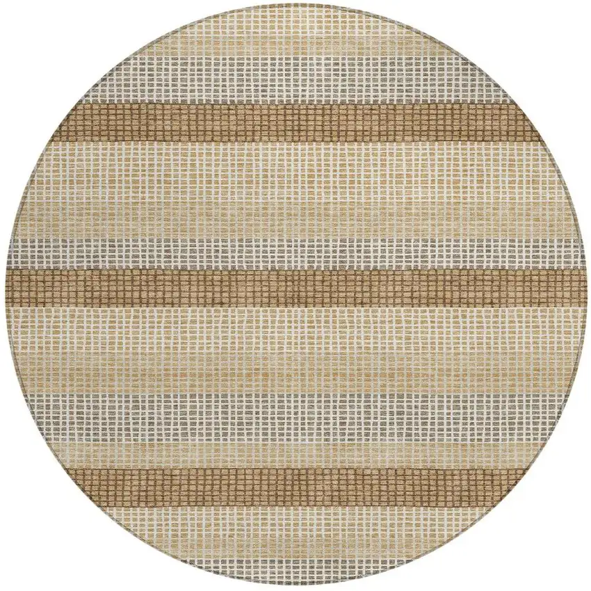 8' Gold And Ivory Round Striped Washable Indoor Outdoor Area Rug Photo 4