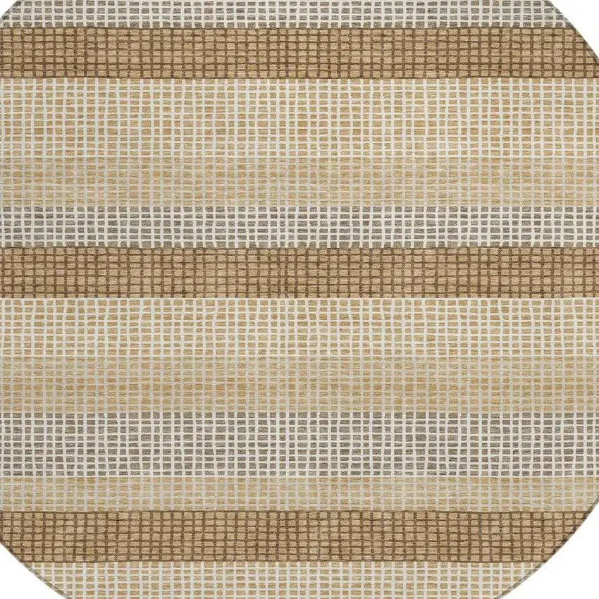 8' Gold And Ivory Round Striped Washable Indoor Outdoor Area Rug Photo 3