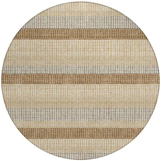 8' Gold And Ivory Round Striped Washable Indoor Outdoor Area Rug Photo 2