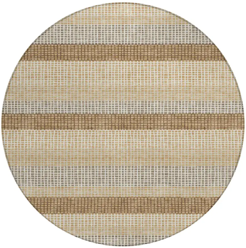 8' Gold And Ivory Round Striped Washable Indoor Outdoor Area Rug Photo 2