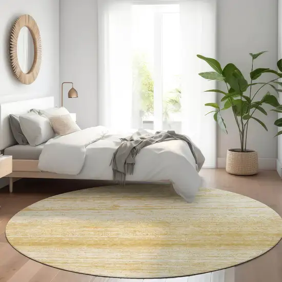 8' Gold And Ivory Round Striped Washable Indoor Outdoor Area Rug Photo 7