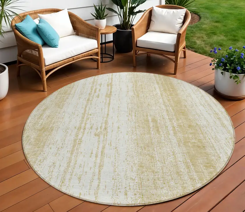 8' Gold And Ivory Round Striped Washable Indoor Outdoor Area Rug Photo 1