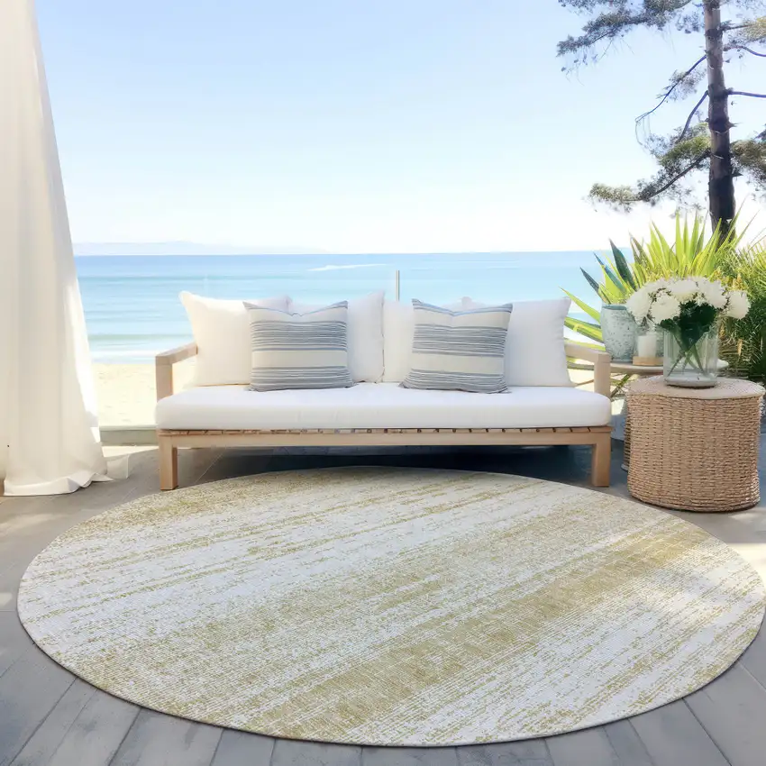 8' Gold And Ivory Round Striped Washable Indoor Outdoor Area Rug Photo 8