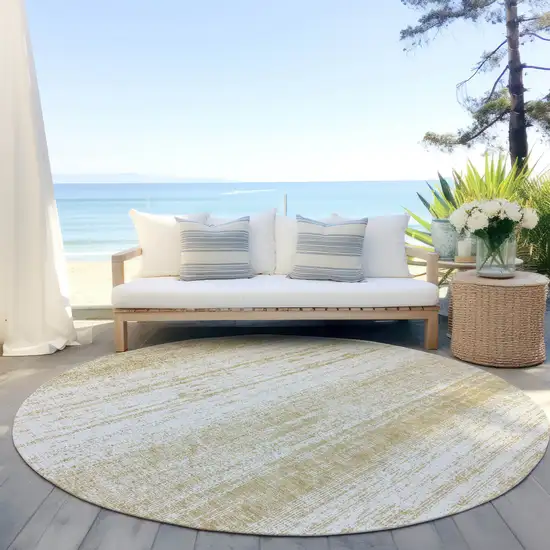 8' Gold And Ivory Round Striped Washable Indoor Outdoor Area Rug Photo 8