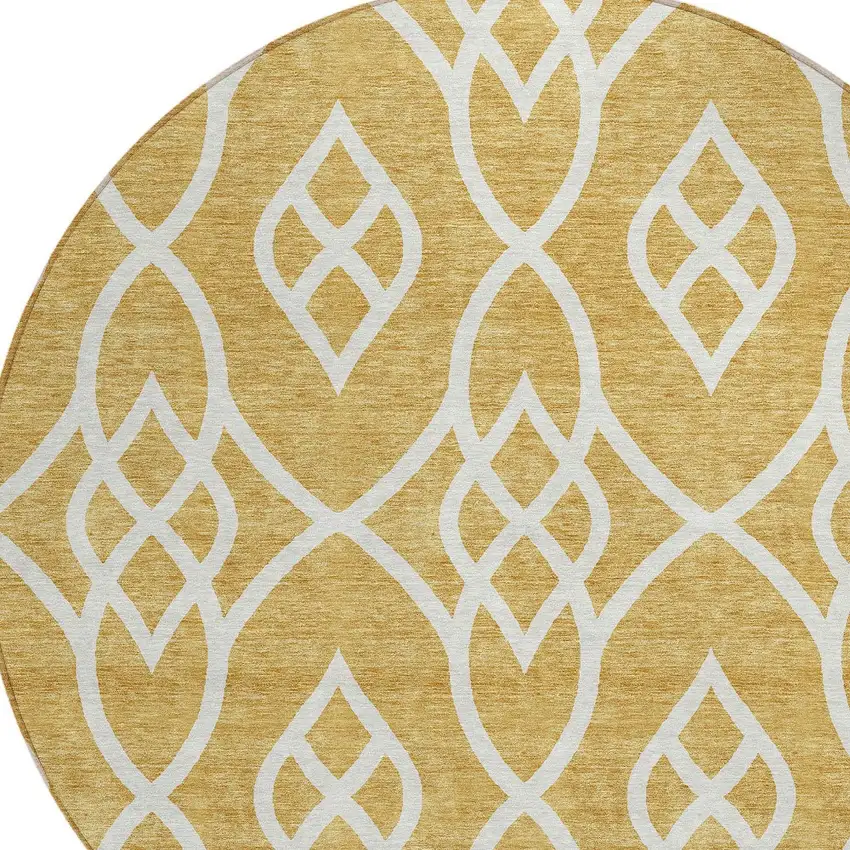 8' Gold And Ivory Round Trellis Washable Indoor Outdoor Area Rug Photo 4