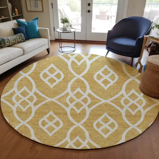8' Gold And Ivory Round Trellis Washable Indoor Outdoor Area Rug Photo 7